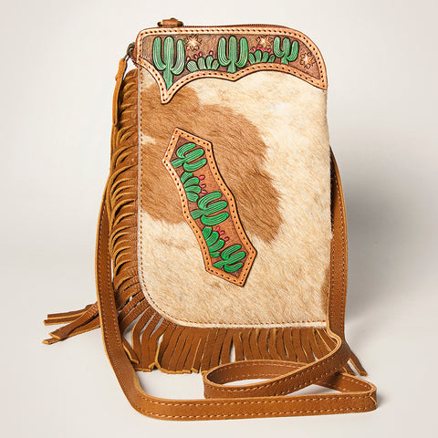 Floral Tooled Leather Cowhide Fringe Crossbody Western Chaps Bag