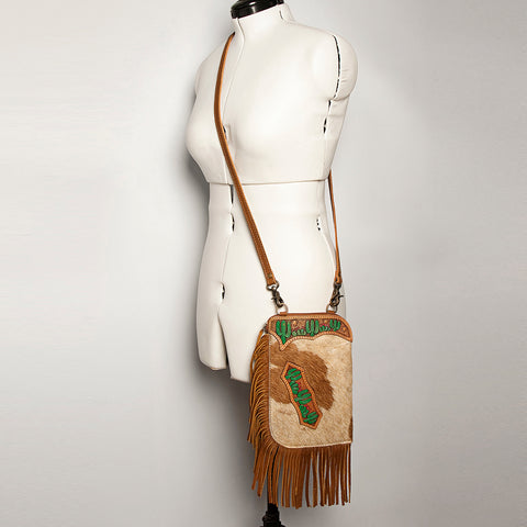 Floral Tooled Leather Cowhide Fringe Crossbody Western Chaps Bag