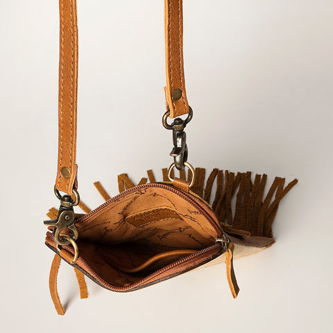 Floral Tooled Leather Cowhide Fringe Crossbody Western Chaps Bag