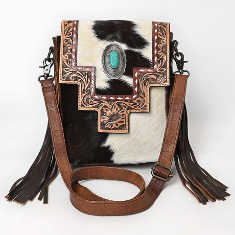 American Darling Hand Tooled Floral & Hair-On Cowhide Messenger Bag with Fringes