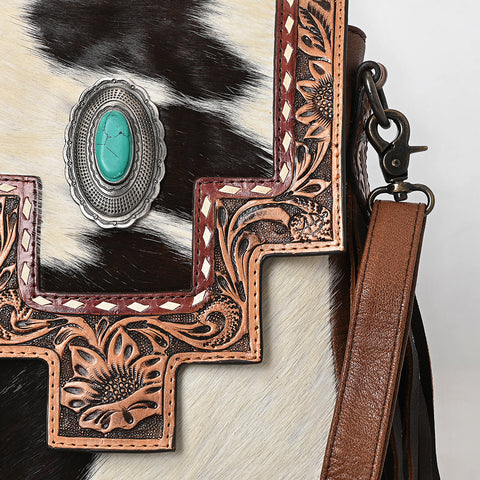 American Darling Hand Tooled Floral & Hair-On Cowhide Messenger Bag with Fringes