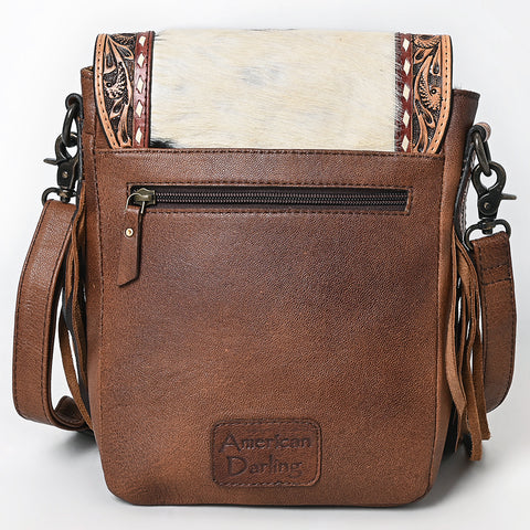 American Darling Hand Tooled Floral & Hair-On Cowhide Messenger Bag with Fringes