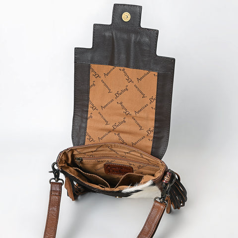 American Darling Hand Tooled Floral & Hair-On Cowhide Messenger Bag with Fringes