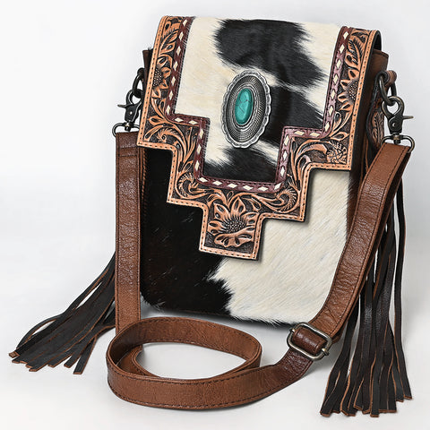 American Darling Hand Tooled Floral & Hair-On Cowhide Messenger Bag with Fringes