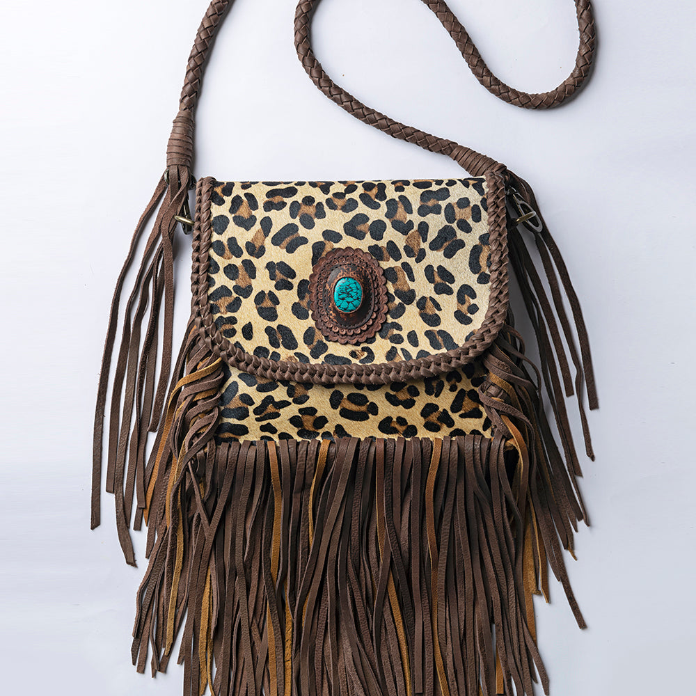 LC-ADBGM250 Leopard Print Hair-On Leather Crossbody - Turquoise Concho & Fringe Western Bag