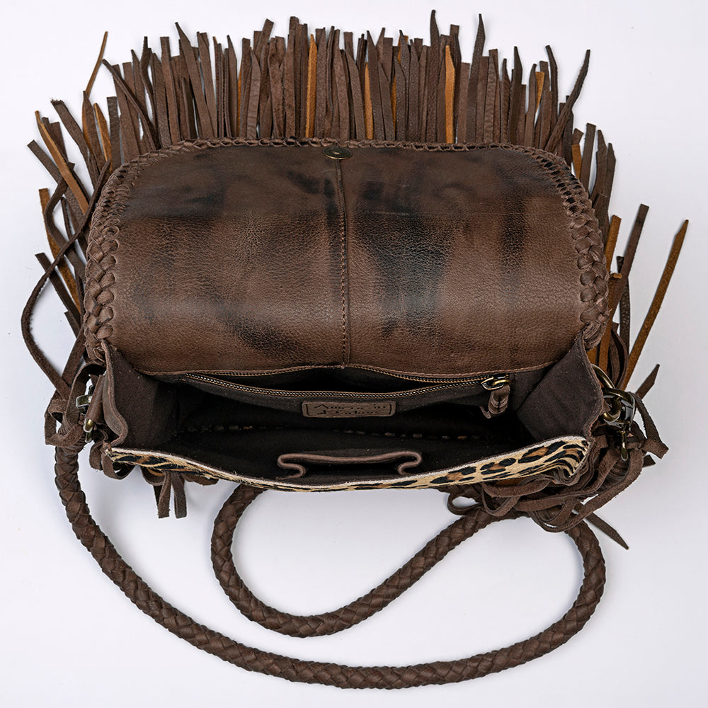 LC-ADBGM250 Leopard Print Hair-On Leather Crossbody - Turquoise Concho & Fringe Western Bag