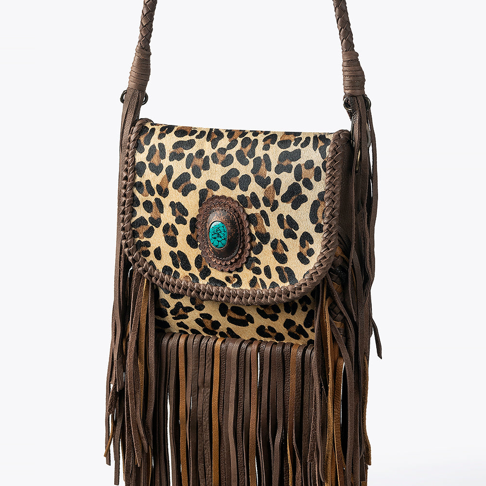 LC-ADBGM250 Leopard Print Hair-On Leather Crossbody - Turquoise Concho & Fringe Western Bag