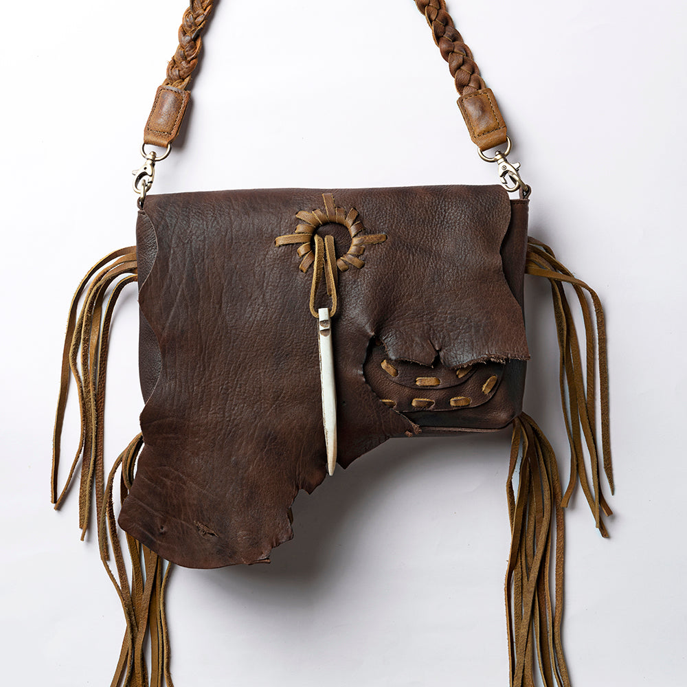 LC-ADBGM254 Raw-Edge Leather Western Crossbody Bag - Fringe Saddle Purse with Horn Toggle & Braided Strap