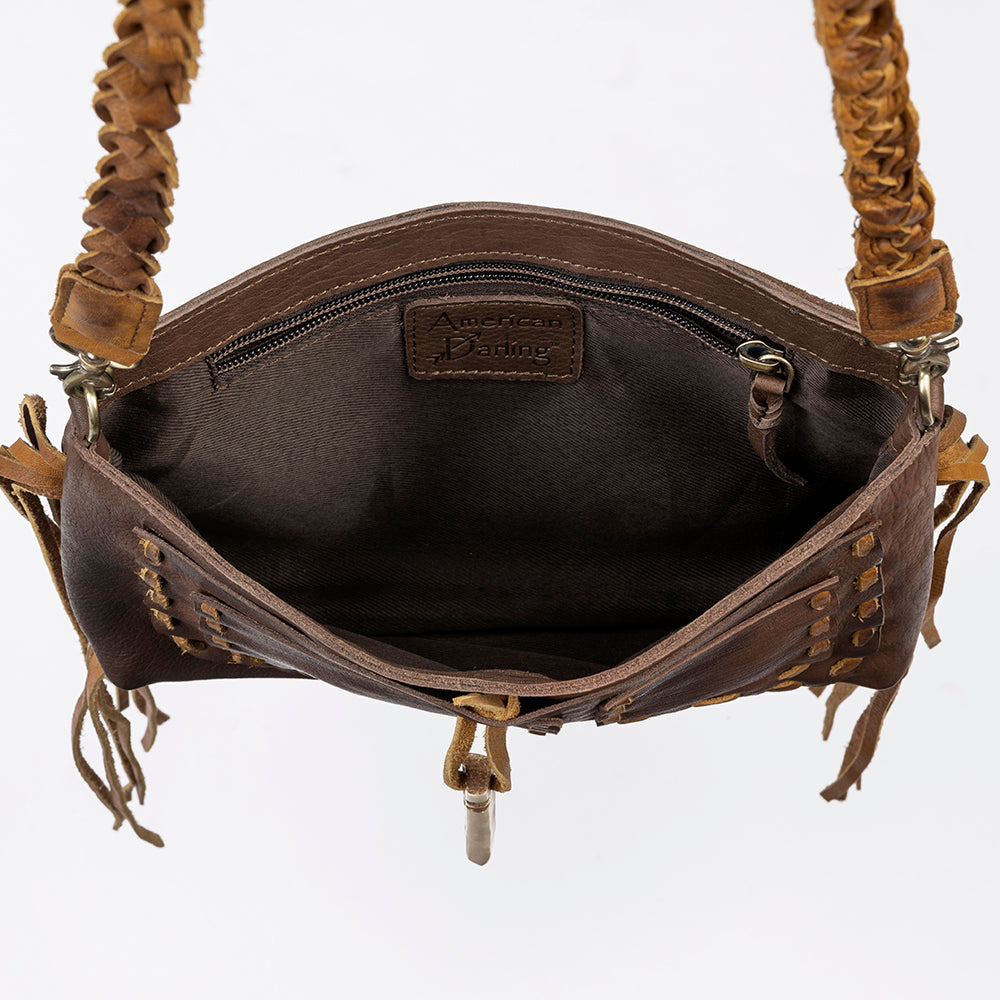 LC-ADBGM254 Raw-Edge Leather Western Crossbody Bag - Fringe Saddle Purse with Horn Toggle & Braided Strap