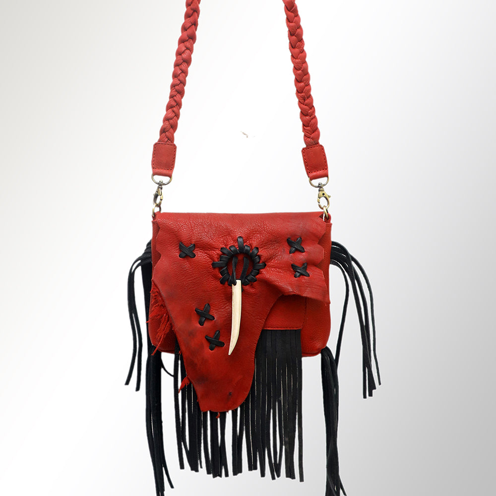 LC-ADBGM256A Red Raw-Edge Western Leather Crossbody Bag - Fringe Saddlebag with Horn Toggle & Braided Strap