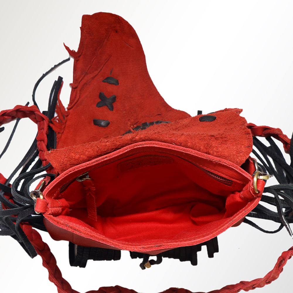 LC-ADBGM256A Red Raw-Edge Western Leather Crossbody Bag - Fringe Saddlebag with Horn Toggle & Braided Strap