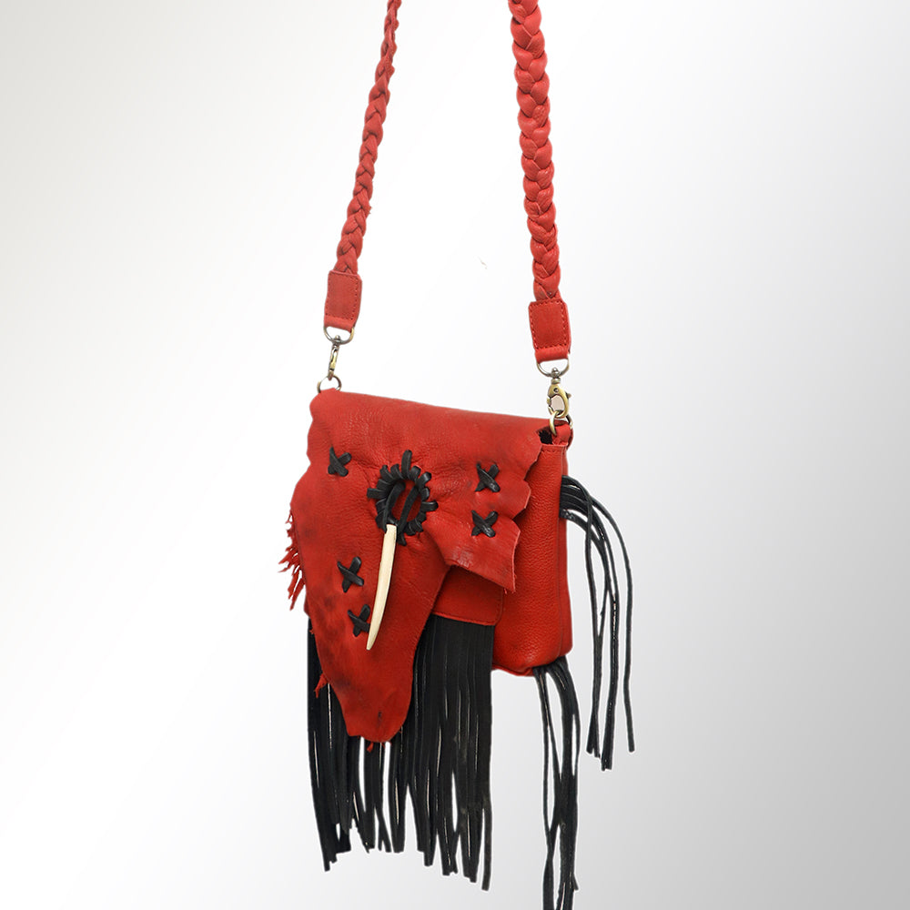 LC-ADBGM256A Red Raw-Edge Western Leather Crossbody Bag - Fringe Saddlebag with Horn Toggle & Braided Strap