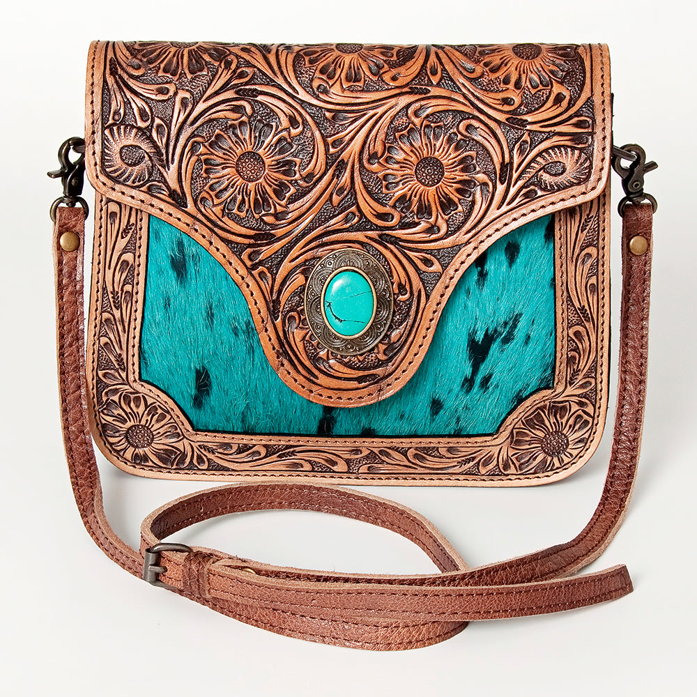 ADBG826 Tooled Leather & Hair-On Crossbody Bag Western Cowhide Shoulder Purse