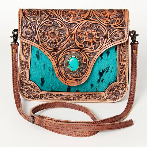 American Darling Western Cross body Bag Hair-On Cowhide with Hand Tooled Floral Carving