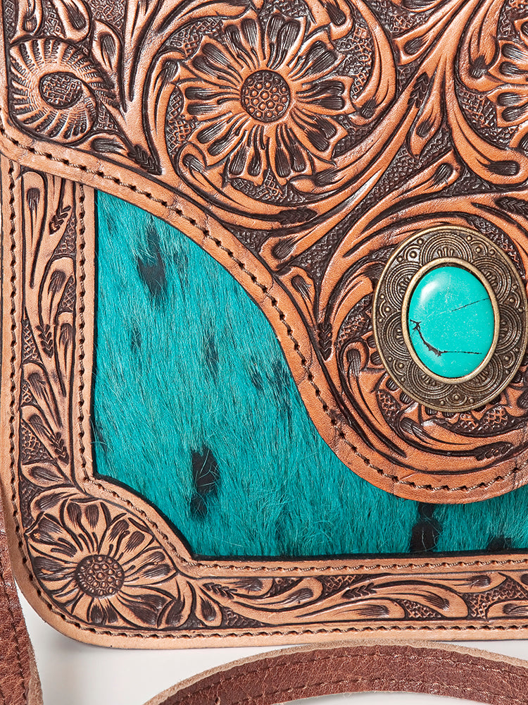 ADBG826 Tooled Leather & Hair-On Crossbody Bag Western Cowhide Shoulder Purse