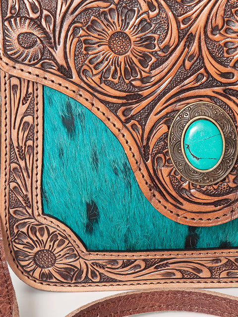 American Darling Western Cross body Bag Hair-On Cowhide with Hand Tooled Floral Carving