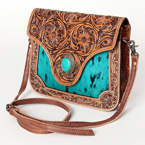 American Darling Western Cross body Bag Hair-On Cowhide with Hand Tooled Floral Carving
