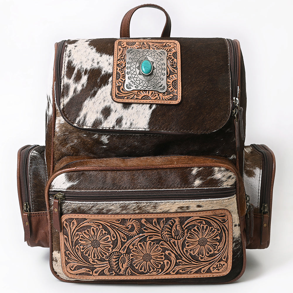 ADBG860A Western Cowhide Leather Backpack with Hand-Tooled Floral Accents & Turquoise Stone Becca by American Darling