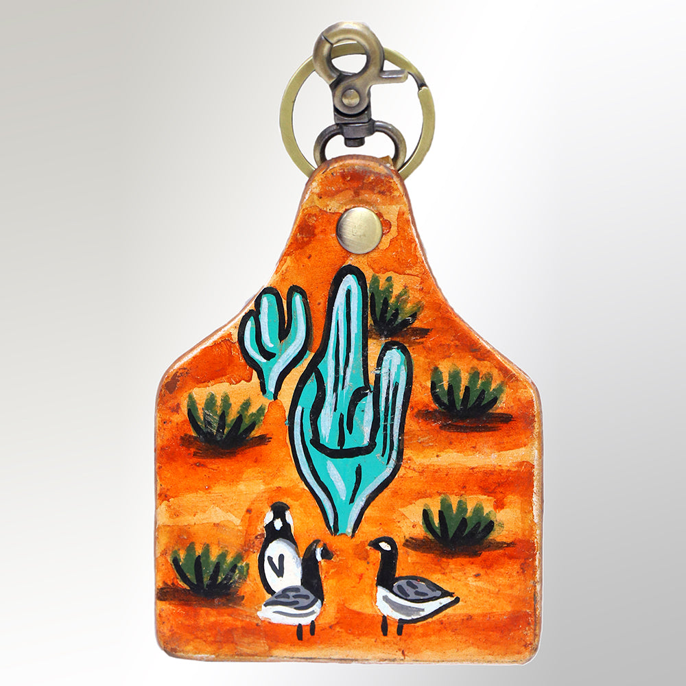 LC-ADKRM104 Hand-Painted Leather Keyring   Desert Scene with Cactus and Quails