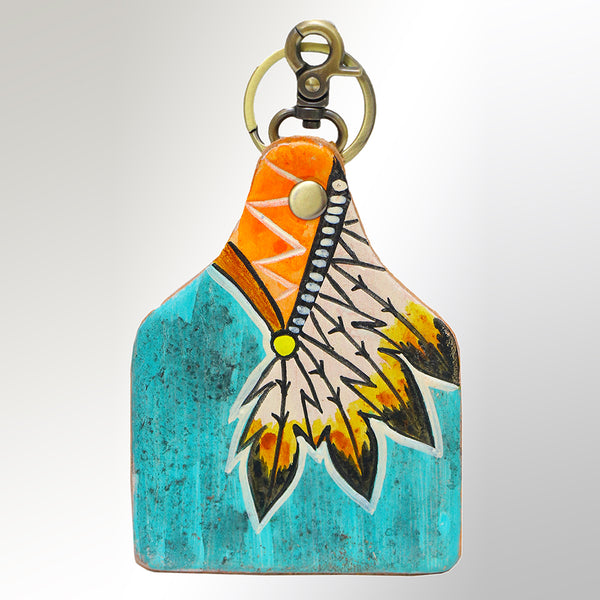 LC-ADKRM105 Hand-Painted Leather Keyring � Native Feather Design in Turquoise & Orange