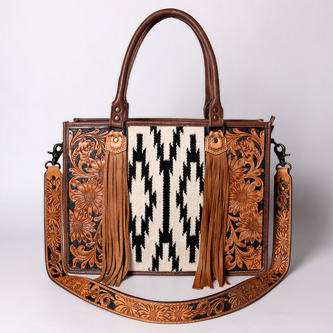 American Darling Hand Tooled Floral Western Leather Woven Saddle Blanket Tote Bag