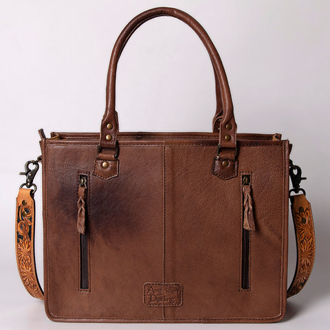 American Darling Hand Tooled Floral Western Leather Woven Saddle Blanket Tote Bag