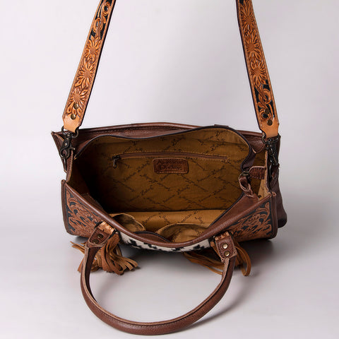 American Darling Hand Tooled Floral Western Leather Woven Saddle Blanket Tote Bag