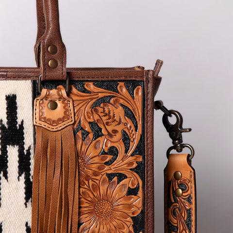 American Darling Hand Tooled Floral Western Leather Woven Saddle Blanket Tote Bag