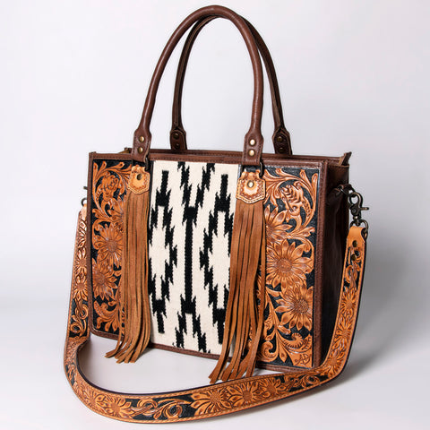 American Darling Hand Tooled Floral Western Leather Woven Saddle Blanket Tote Bag