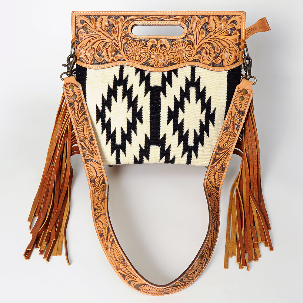 ADBGS146 Aztec Wool & Tooled Leather Shoulder Bag - Western Fringe Crossbody