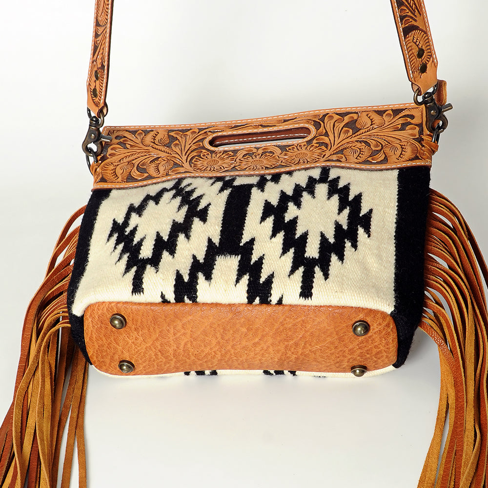 ADBGS146 Aztec Wool & Tooled Leather Shoulder Bag - Western Fringe Crossbody