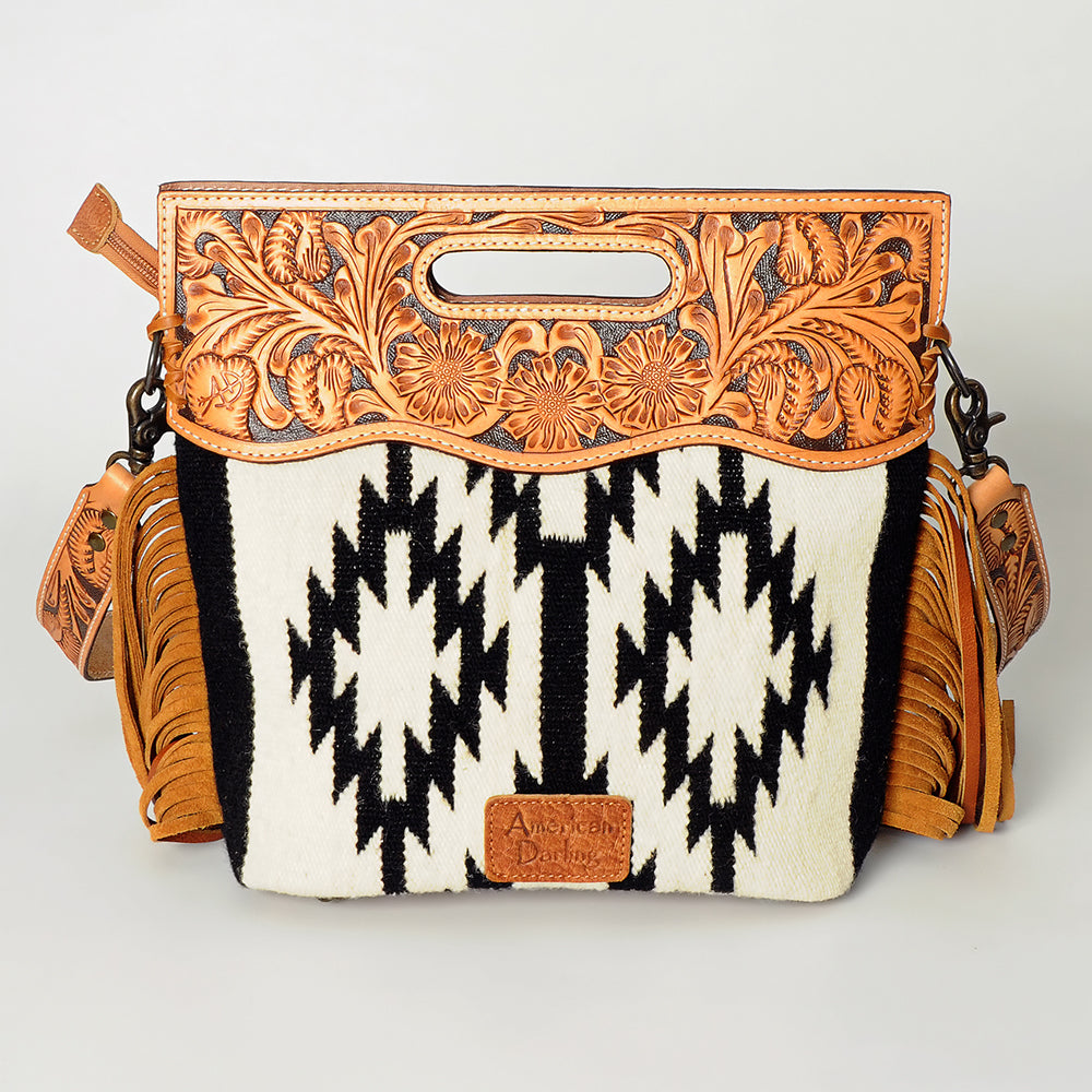 ADBGS146 Aztec Wool & Tooled Leather Shoulder Bag - Western Fringe Crossbody
