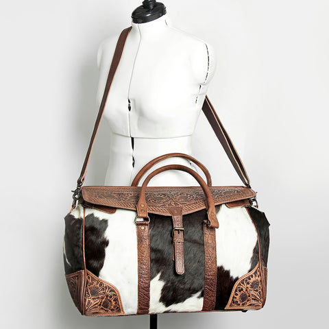 American Darling Western Hand Tooled Leather & Cowhide Travel Duffel Bag