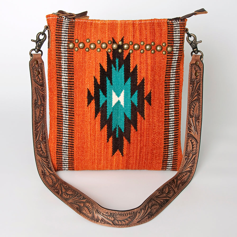 LC-ADBG865 Orange Southwestern Saddle Blanket Crossbody Bag with Tooled Leather Strap & Stud Accents