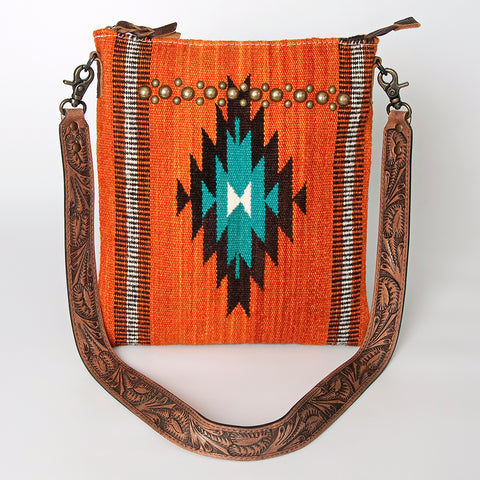 Orange Southwestern Saddle Blanket Crossbody Bag with Tooled Leather Strap & Stud Accents