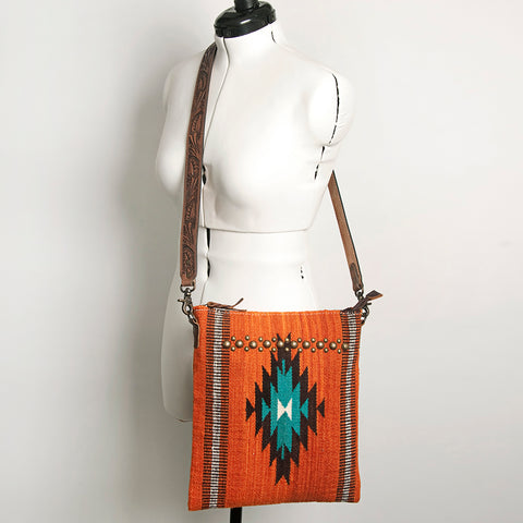 Orange Southwestern Saddle Blanket Crossbody Bag with Tooled Leather Strap & Stud Accents