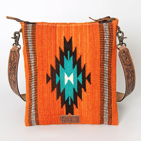Orange Southwestern Saddle Blanket Crossbody Bag with Tooled Leather Strap & Stud Accents
