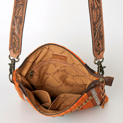 Orange Southwestern Saddle Blanket Crossbody Bag with Tooled Leather Strap & Stud Accents