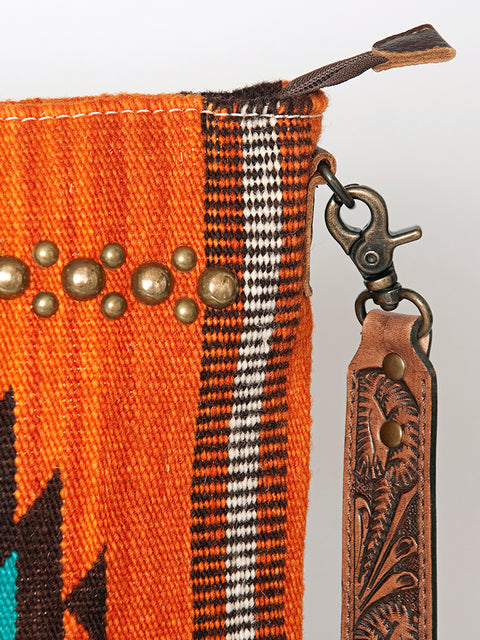 Orange Southwestern Saddle Blanket Crossbody Bag with Tooled Leather Strap & Stud Accents