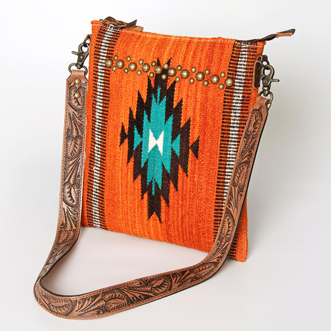 Orange Southwestern Saddle Blanket Crossbody Bag with Tooled Leather Strap & Stud Accents
