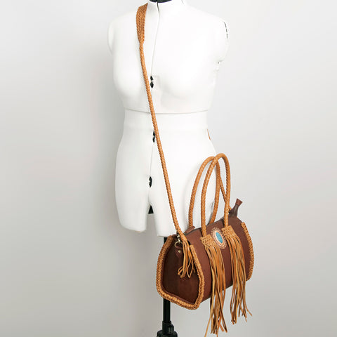 American Darling Handcrafted Leather Speedy Bag with Turquoise Stone & Fringes
