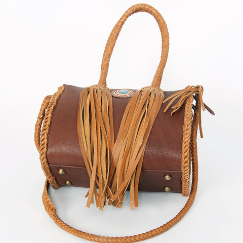 American Darling Handcrafted Leather Speedy Bag with Turquoise Stone & Fringes