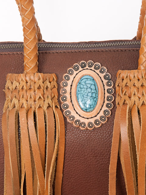 American Darling Handcrafted Leather Speedy Bag with Turquoise Stone & Fringes