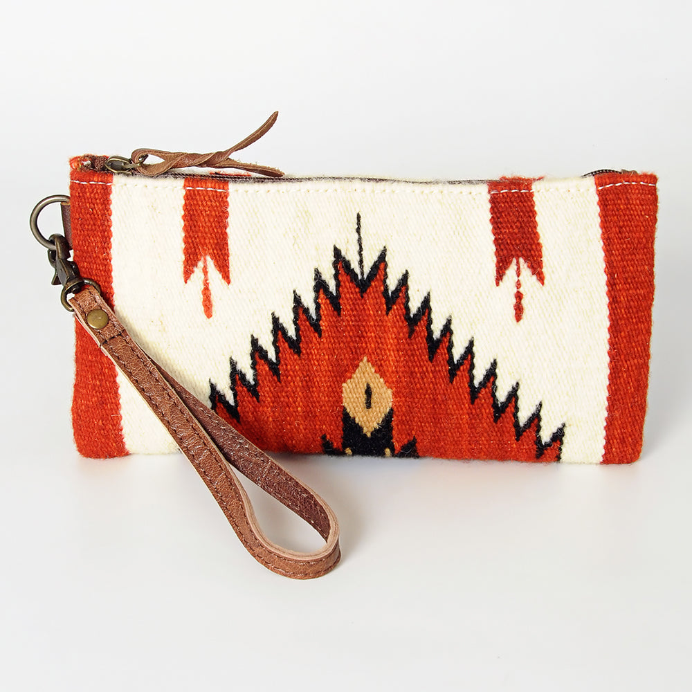 ADBG344 Southwestern Wool Wristlet Clutch with Tribal Pattern and Leather Strap
