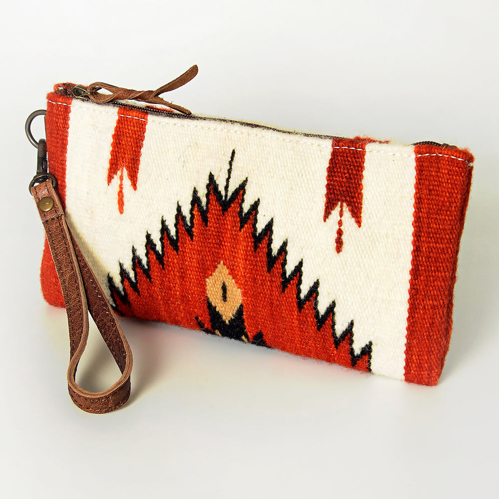 ADBG344 Southwestern Wool Wristlet Clutch with Tribal Pattern and Leather Strap