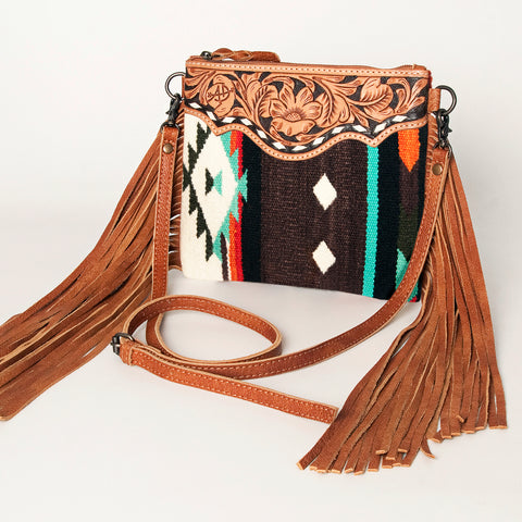 American Darling Western Cross body Bag with Hand Woven Saddle Blanket & Fringes