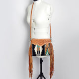 ADBG236 Southwestern Woven Fringe Crossbody Bag with Hand-Tooled Floral Leather Trim