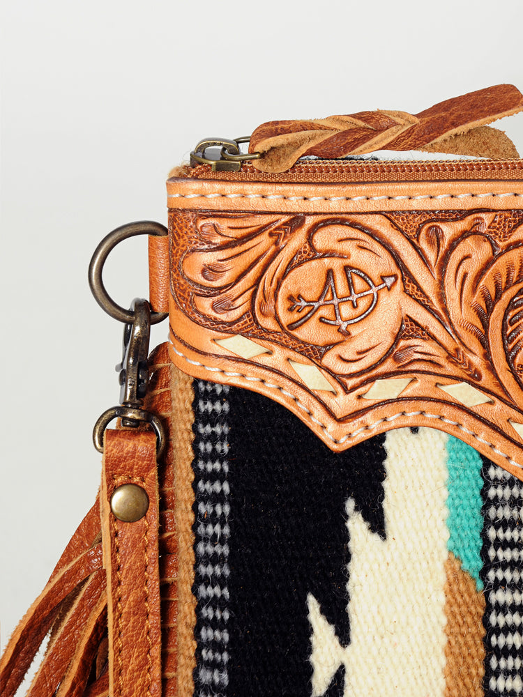ADBG236 Southwestern Woven Fringe Crossbody Bag with Hand-Tooled Floral Leather Trim