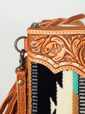 ADBG236 Southwestern Woven Fringe Crossbody Bag with Hand-Tooled Floral Leather Trim