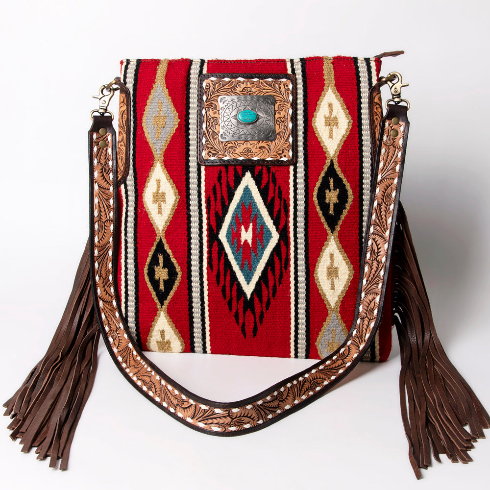 LC-ADBGA269B American Darling Fringe Crossbody Red Navajo Saddle Blanket with Tooled Leather & Turquoise Concho